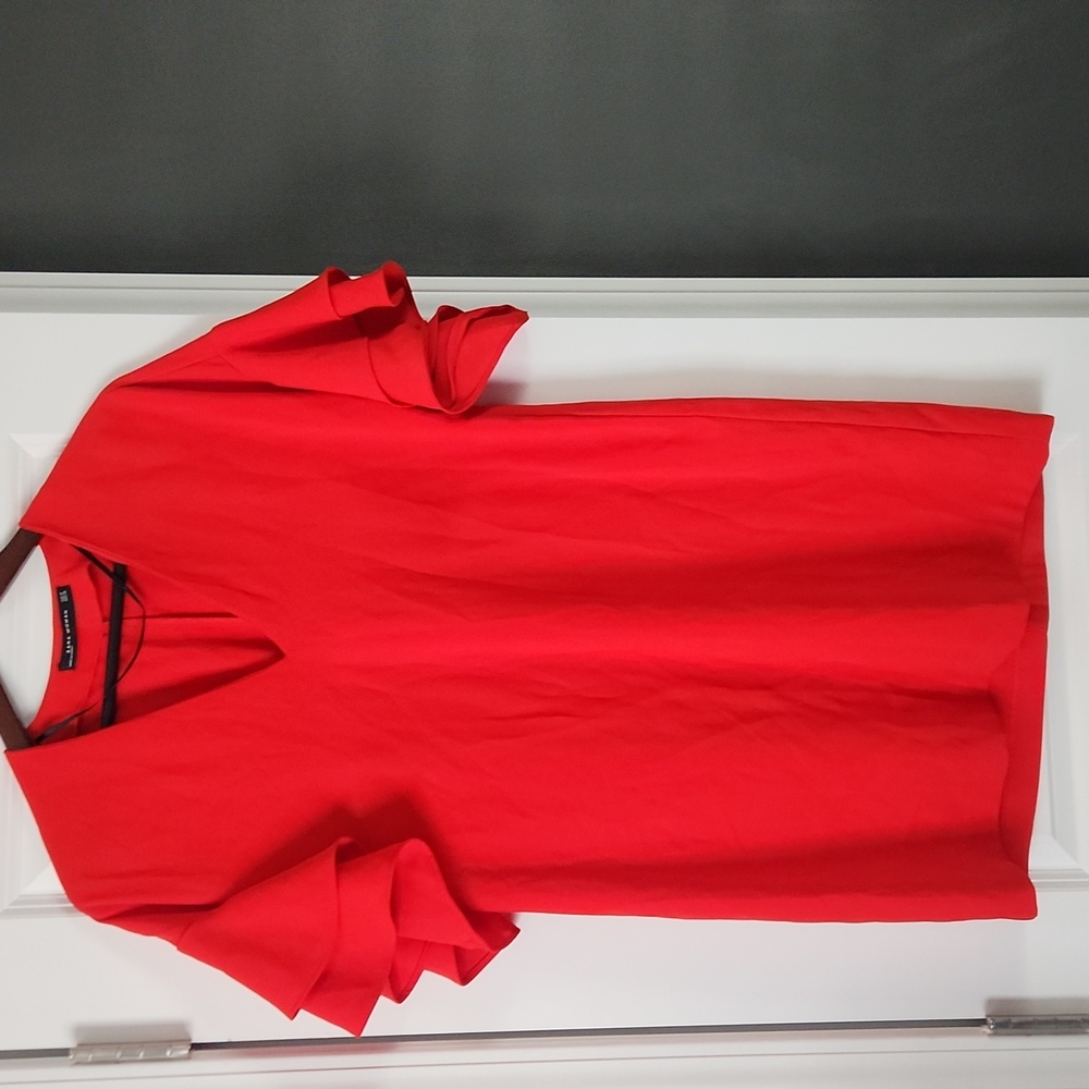 Zara Women’s Deep V Neck Short Ruffled Sleeves Dress Red M